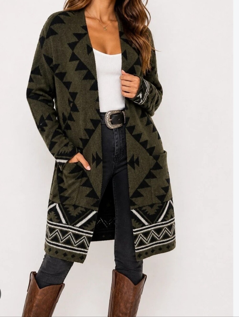 {XL} Frye The Cozy Cardigan Aztec Design Olive Green Khaki Open Front